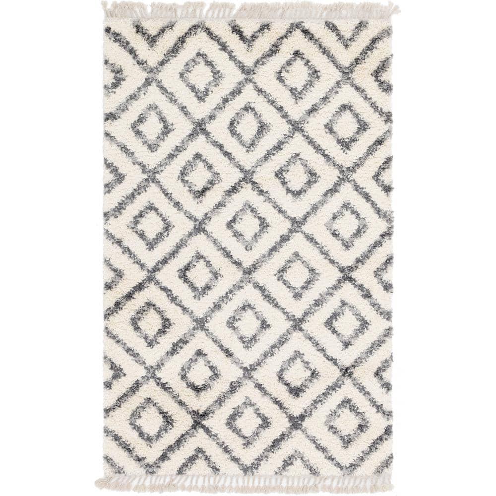 Unique Loom Hygge Shag Collection Area Rug - Diamond (5' 1" x 8' Rectangle, Ivory/ Gray)