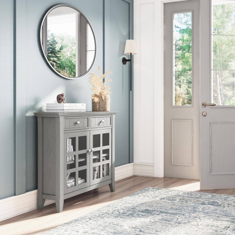 Simpli Home Acadian 36"W Solid Wood 2-Shelf Entryway Storage Cabinet with Glass Doors and 2 Drawers