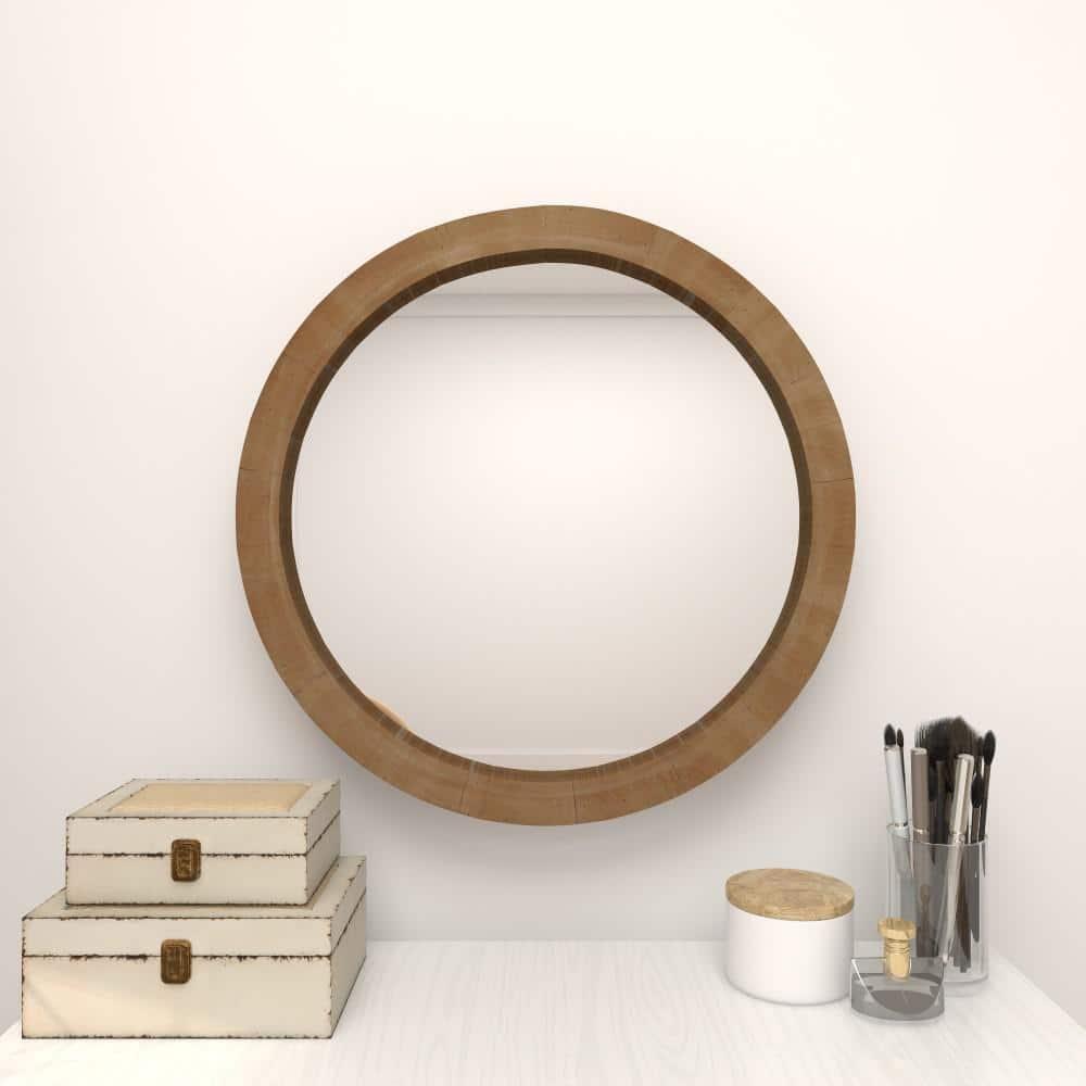 24" Round Natural Brown Wood Wall Mirror