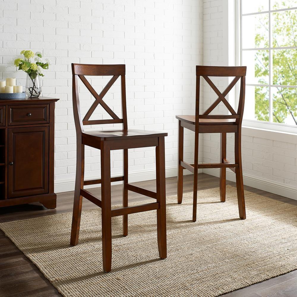 Crosley Set of 2 30" X-Back Barstools Mahogany: Traditional Farmhouse Design, Rubberwood Frame, Footrest