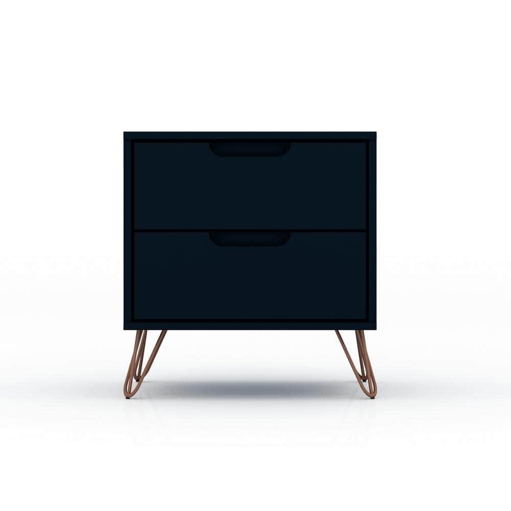 Set of 2 Rockefeller 2 Drawer Nightstands Tatiana Midnight Blue - Manhattan Comfort: Modern Splayed Metal Legs, MDF