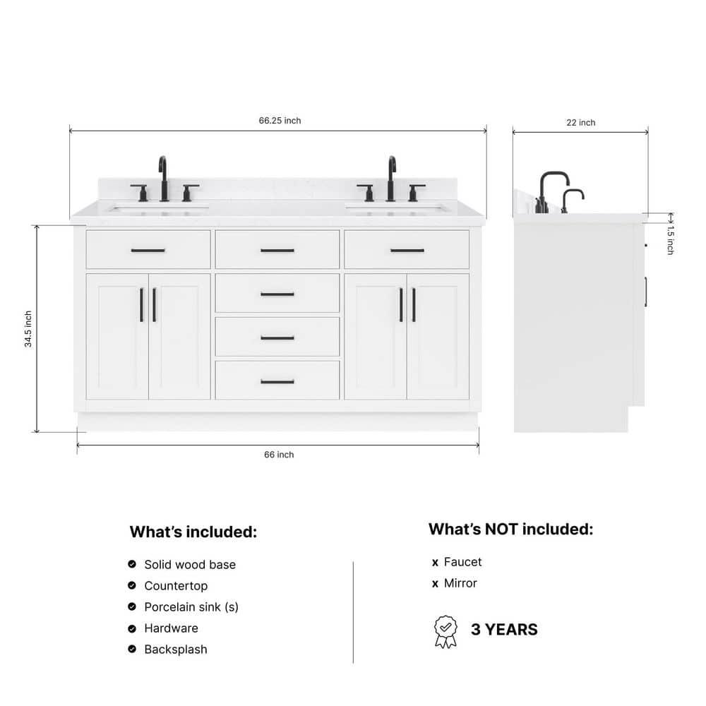 Wildon Home® Tidworth 66'' Solid Wood Double Bathroom Vanity with 1.5'' Carrara Quartz Top, Rectangular Sinks