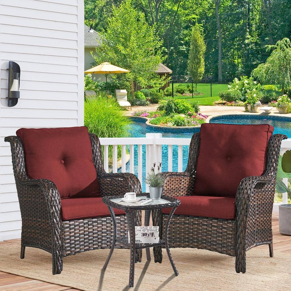 Rilyson Patio Furniture Chairs Outdoor Chair - 2 Piece Wicker Rattan Chairs Set with High Back and Deep Seating for Deck Porch Balcony Backyard Garden(Brown/Red)