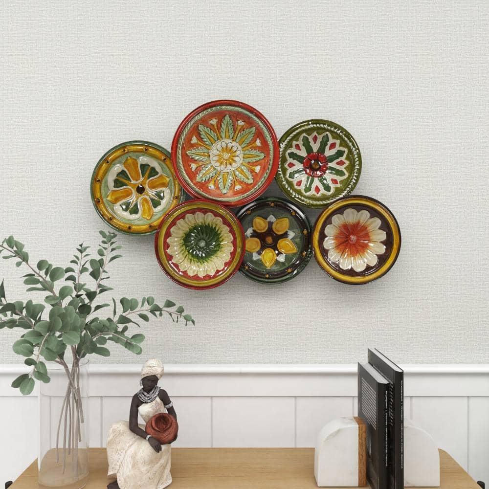 DecMode Rustic Metal Multi Colored Round Plates with Flower Petal Design Wall Decor, 31"W x 19"H