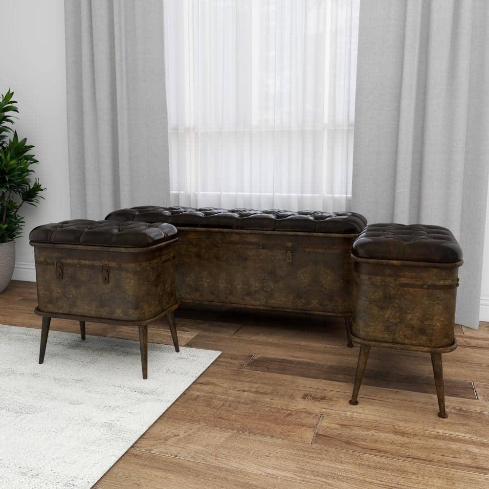 DecMode Metal Storage Bench with Tufted Faux Leather, Brown, Set of 3