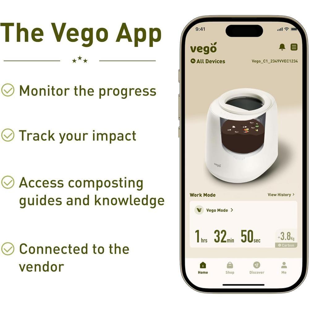 Vego Smart Kitchen Composter, 4L Electric Composter for Kitchen 5 Modes Weight-Based Smart Compost Bin with App Odorless Auto-Cleaning Food Waste Compost Machine Indoor, Black
