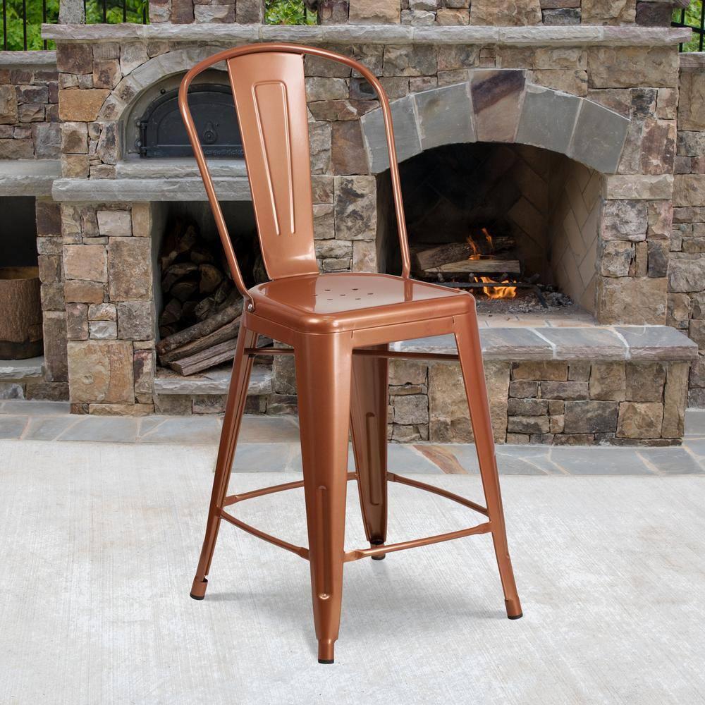 Flash Furniture Commercial Grade 24" High Copper Metal Indoor-Outdoor Counter Height Stool with Back