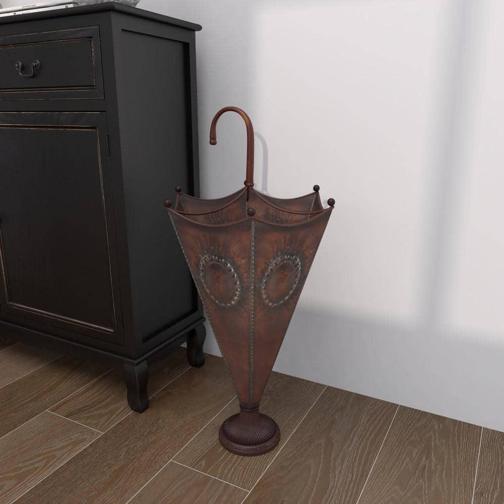 DecMode Brown Metal Umbrella Stand with Embossed Emblems