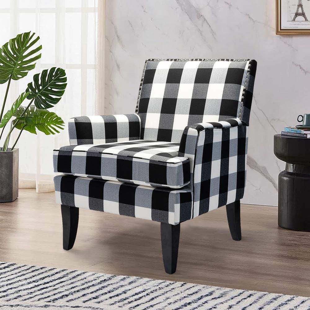 Upholstery Armchair Accent Chair Sofa Couch Wood Legs Nailhead Trim Home Living Room Bedroom Plaid White Black