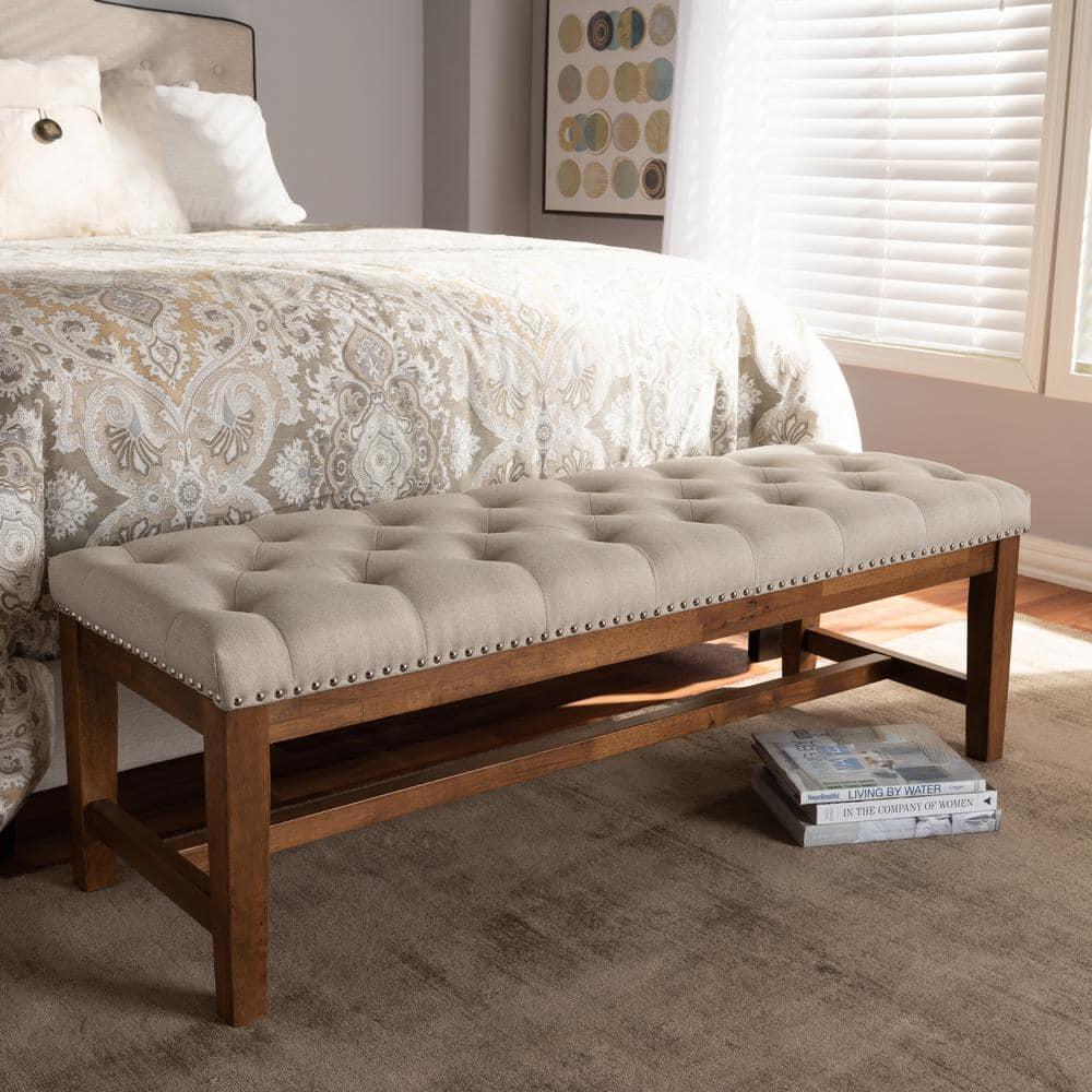 Baxton Studio Ainsley Bench Beige: Upholstered Ottoman, Mid-Century Modern, Hardwood Frame