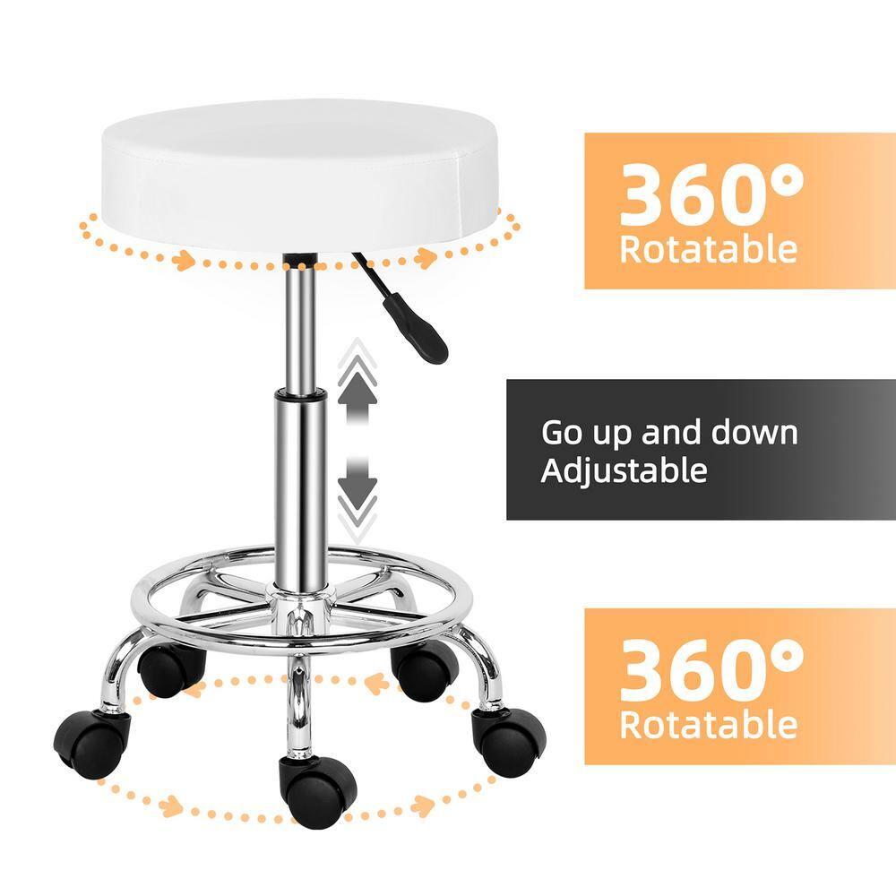 MDHAND Adjustable Swivel Round Bar Stool, PU Leather Hydraulic Rolling Facial Massage Tattoo Spa Chair, 5 Wheel Rotate 360 Degrees, White