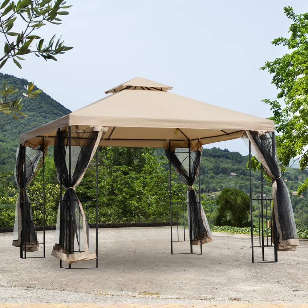 Outsunny 10' x 10' Patio Gazebo with Corner Shelves, Outdoor Gazebo Canopy Shelter with Netting, and Vented Roof, for Garden, Lawn, Backyard and Deck