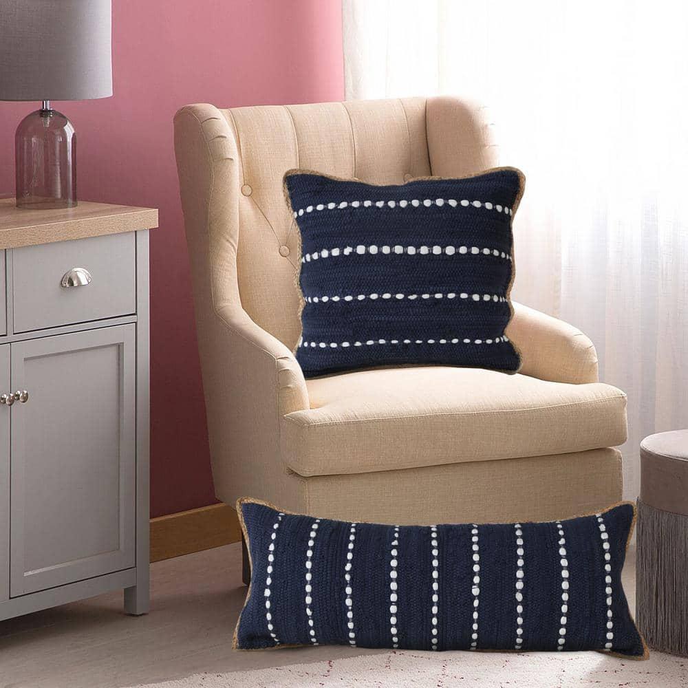 Ox Bay Ringo 20" x 20" Navy Blue/White Jute Bordered Striped Cotton Adult Decorative Throw Pillow