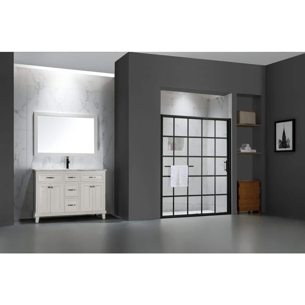 56-60" W x 72" H Framed Grid Pattern Single Sliding Shower Door with 1/4" (6mm) Clear SGCC Tempered Glass in Matte Black Finish, Reversible Installation