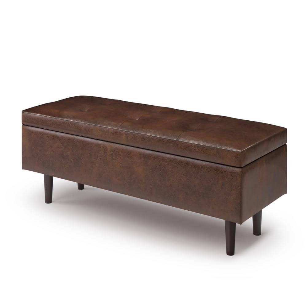 Simpli Home Shay 48 in.W Modern Storage Ottoman in Distressed Chestnut Brown Faux Leather