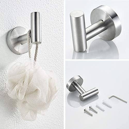 4-Piece Bathroom Accessories Set Brushed Stainless Steel Wall Mount - Includes Double Towel Bar, Hand Towel Rack, Toilet Paper Holder, Robe Hooks, BS100S4-BN