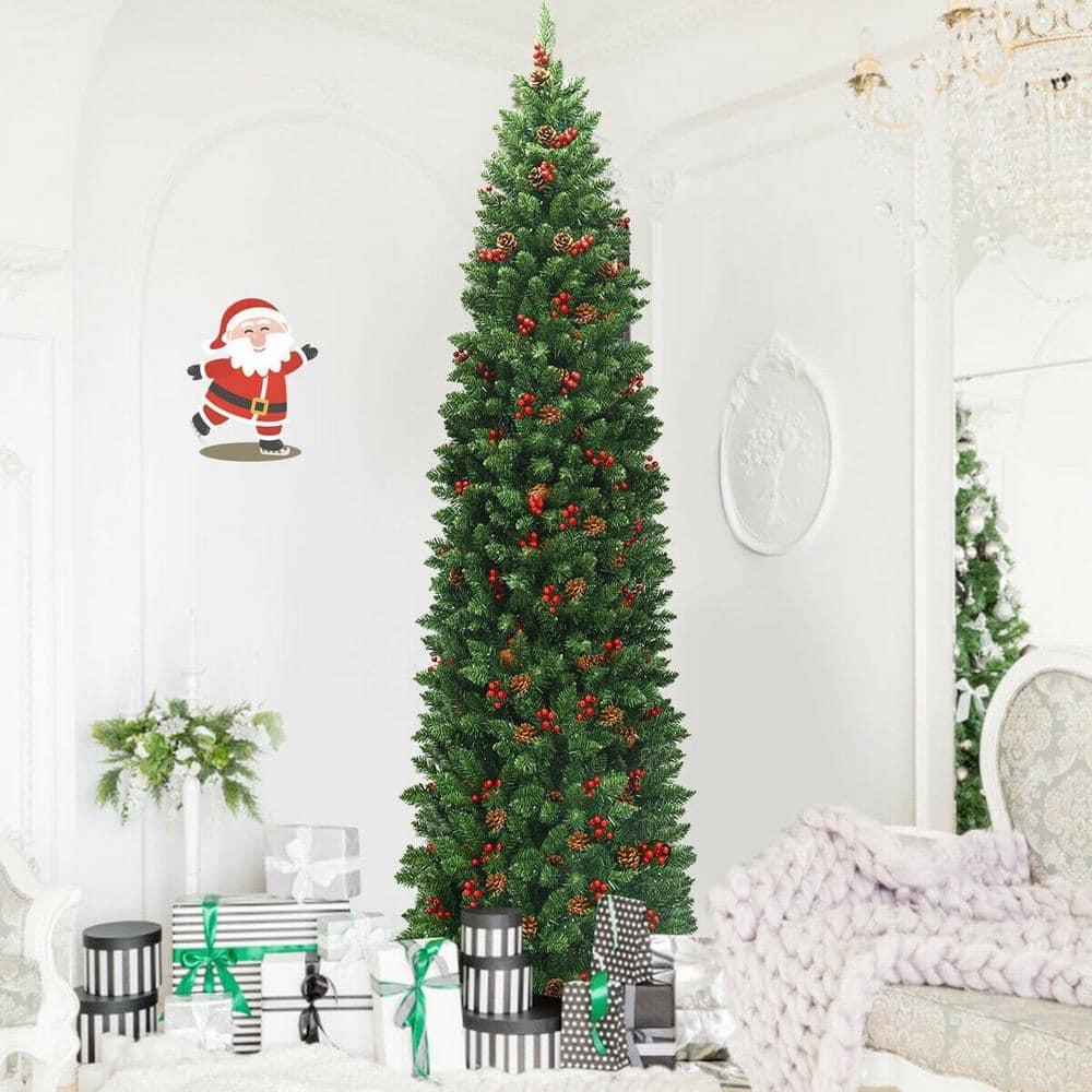 Costway 7.5Ft Pre-lit Hinged Pencil Christmas Tree w/Pine Cones Red Berries & 350 Lights