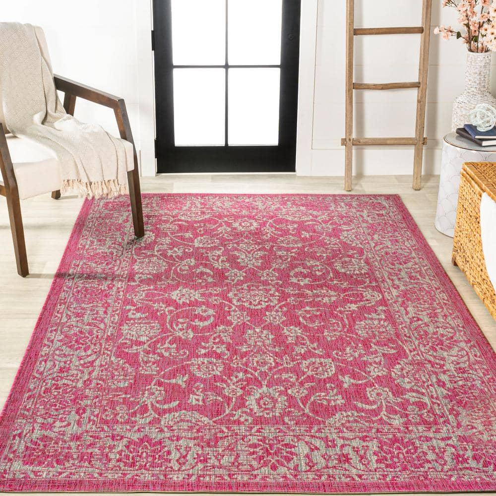 9' x 12' Tela Bohemian Textured Weave Floral Indoor/Outdoor Area Rug, Fuchsia/Light Gray - JONATHAN Y