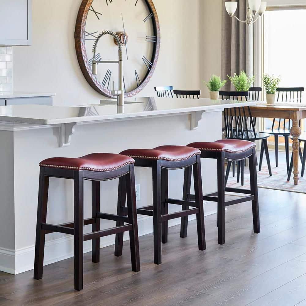 New Ridge Home Goods Julian 30" Faux Leather and Wood Barstool in Red/Espresso