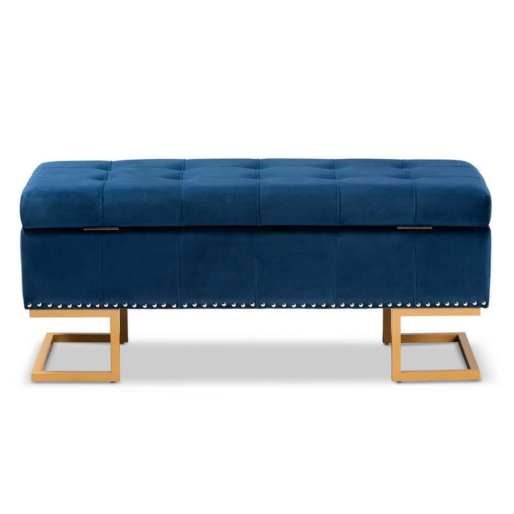 Ellery Velvet Fabric Upholstered Ottoman Gold/Blue - Baxton Studio: Storage, Nailhead Trim, Wood Frame