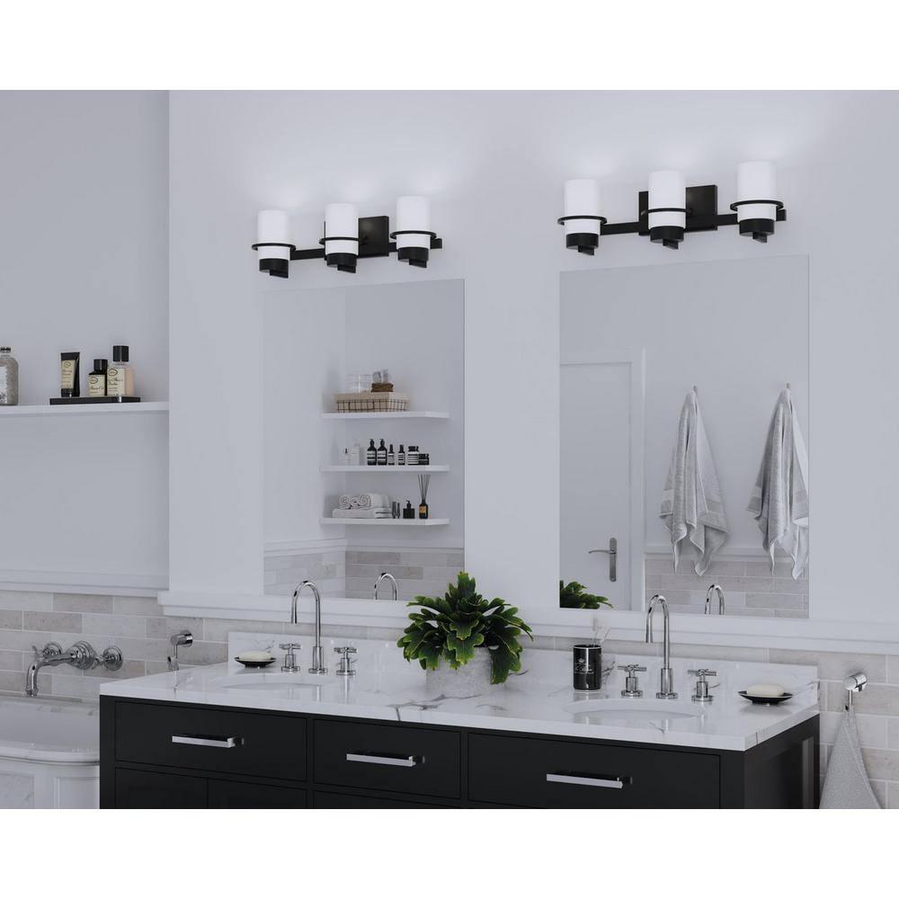 Progress Lighting Reiss 3-Light Vanity Light, Matte Black, White Glass Shade