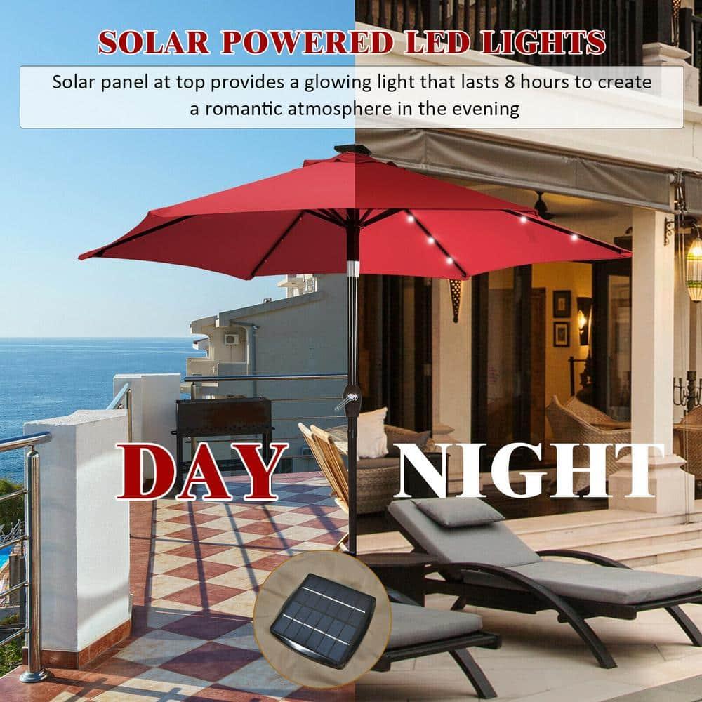 Kadyn Outdoor Patio Umbrella, Outdoor Market Table Umbrella, 9 Feet Solar LED Lighted Patio Market Umbrella Tilt Adjustment Crank Lift-Dark Red