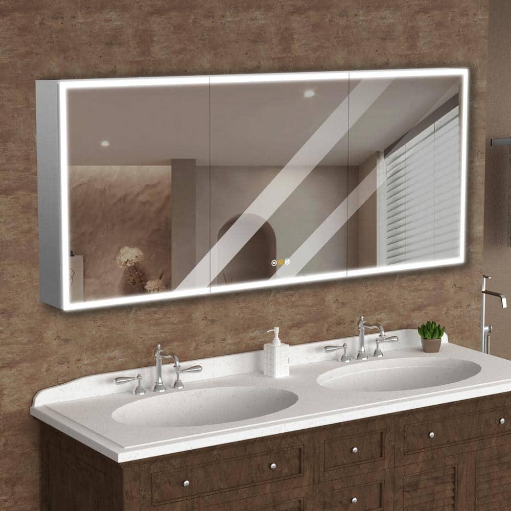 60 in. W x 36 in. H Rectangular Aluminum Big Storage Surface Mount Medicine Cabinet with Mirror in Grey and USB Outlet