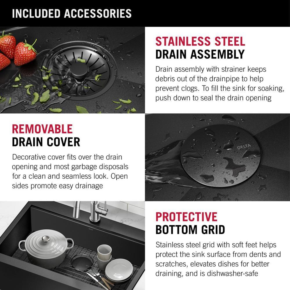 Delta Rivet™ Black Stainless Steel Retrofit Farmhouse Apron Front 16 Gauge Workstation Kitchen Sink Single Bowl