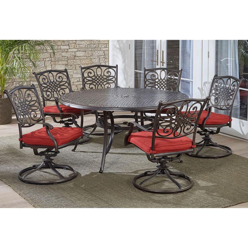 Hanover Traditions 7 Pcs Aluminum Outdoor Dining Set with Cast-top Table, Red