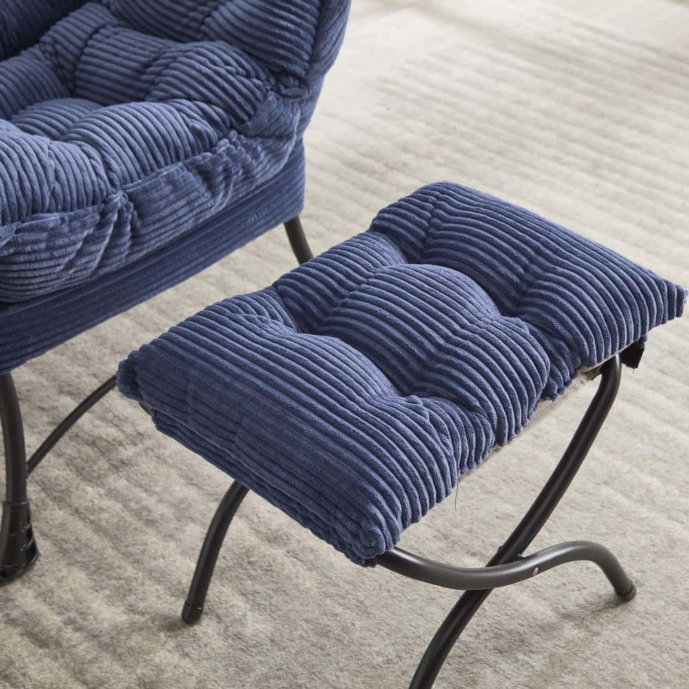 Modern Lazy Chair with Ottoman, Accent Chair with Armrests and a Side Pocket, Blue Cotton Reading Chair with Footrest-Coolbibila