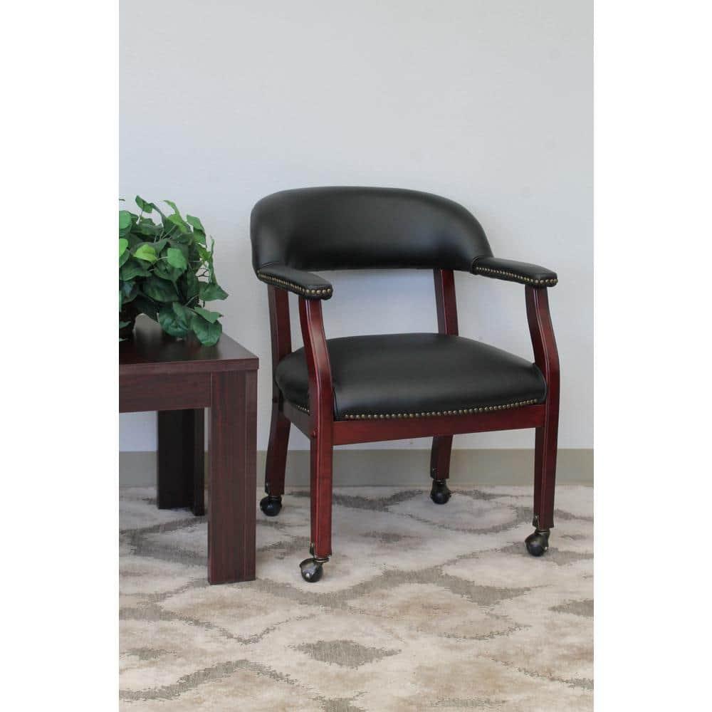Captain's Chair with Casters Black - Boss Office Products: Mahogany Base, Vinyl Upholstery, Brass Castors