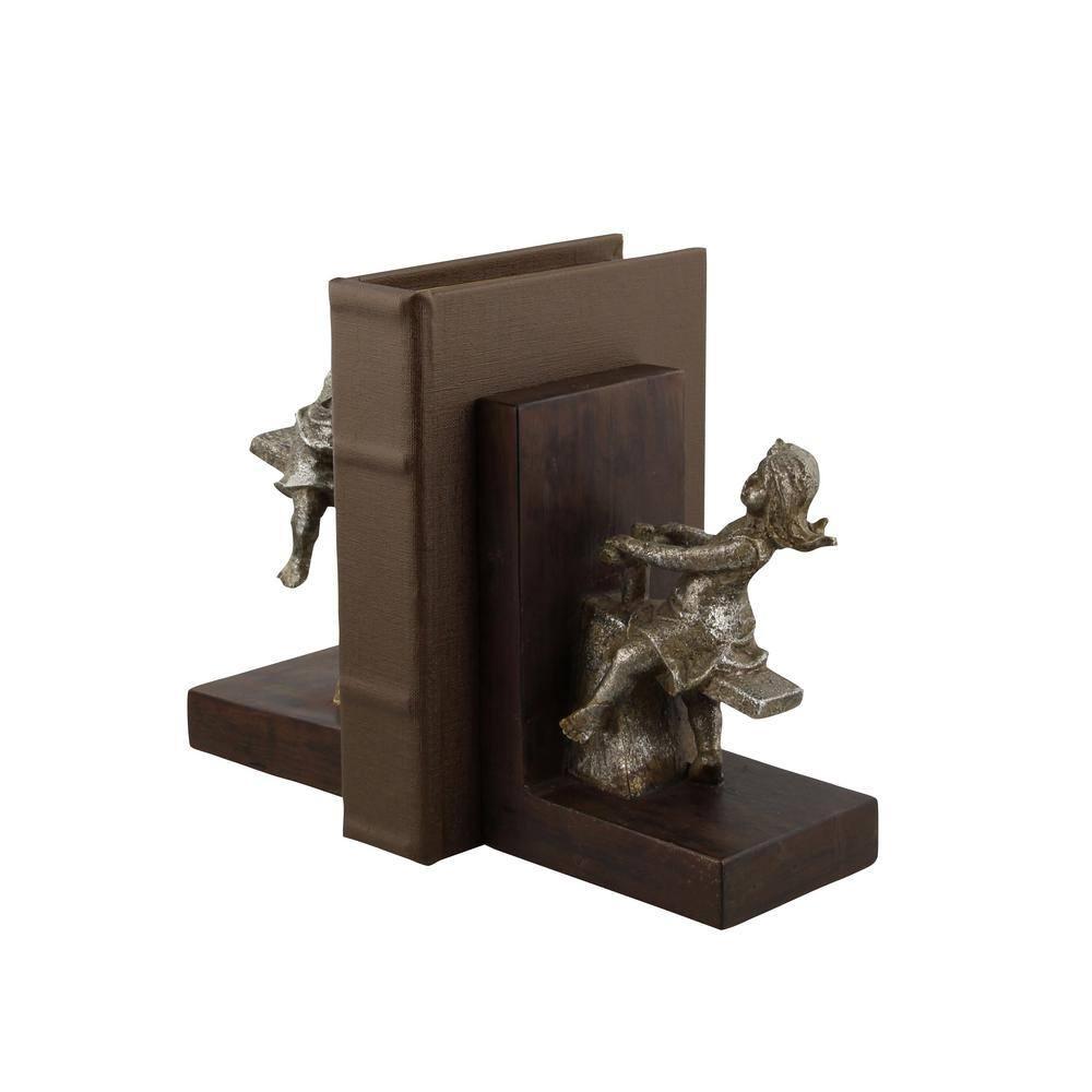 DecMode 4" People Brown Polystone Bookends with Swing Set (Set of 2)