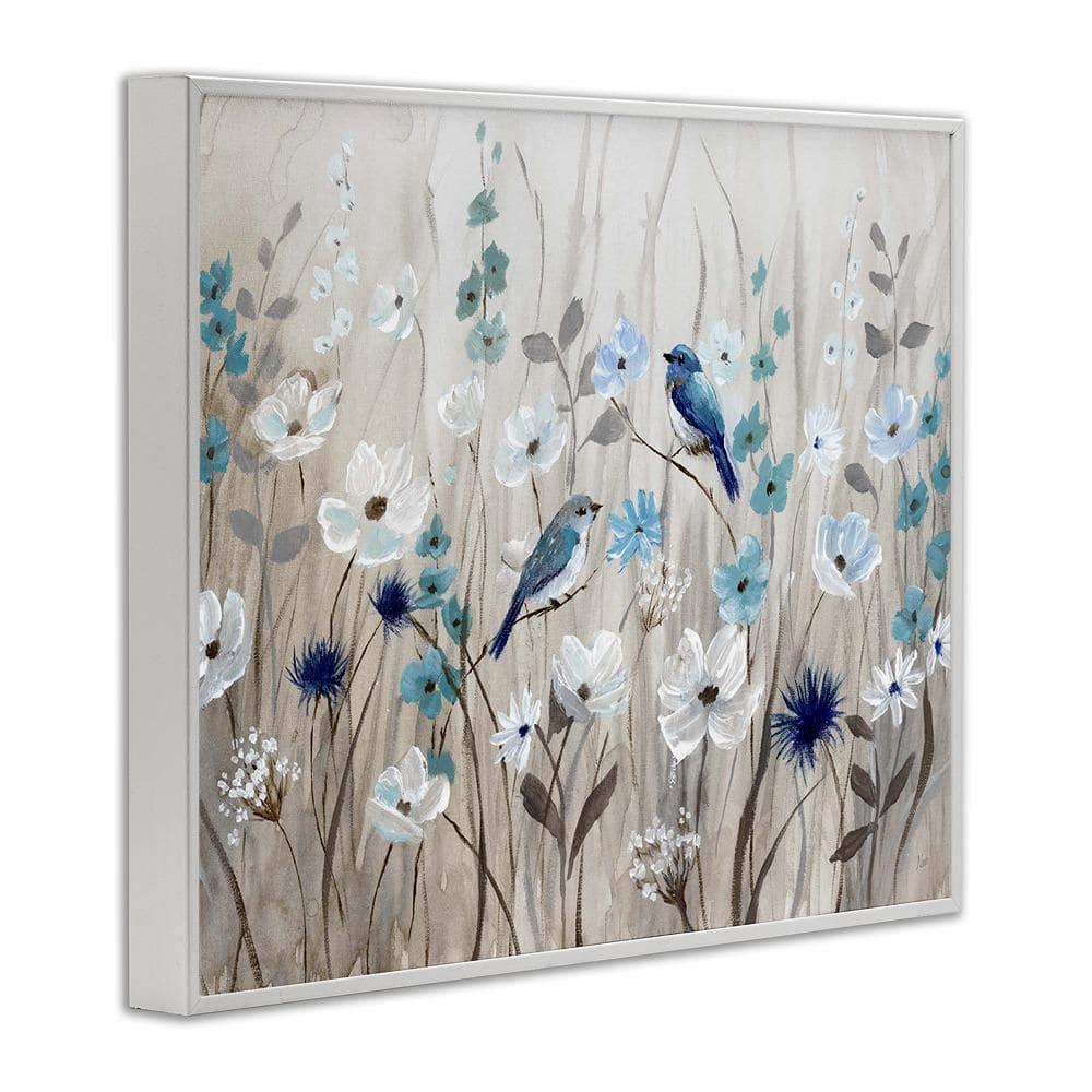 Stupell Birds in Meadow Blue Blossoms White Framed Giclee, 11 x 14