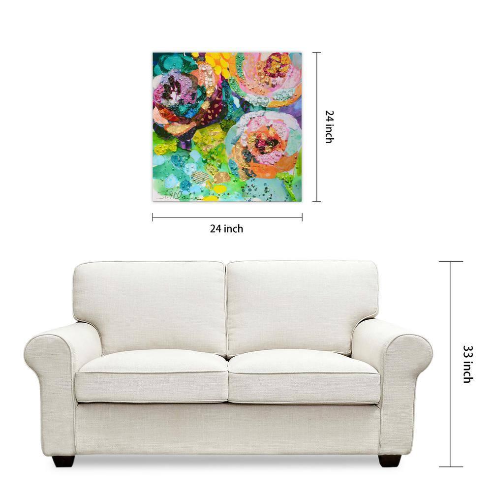 "Floral Radiance I" Crystallus Epoxy Coated Wrapped Glossy Canvas Wall Art with Heavy Acrylic Crystal Shards Embellishments,