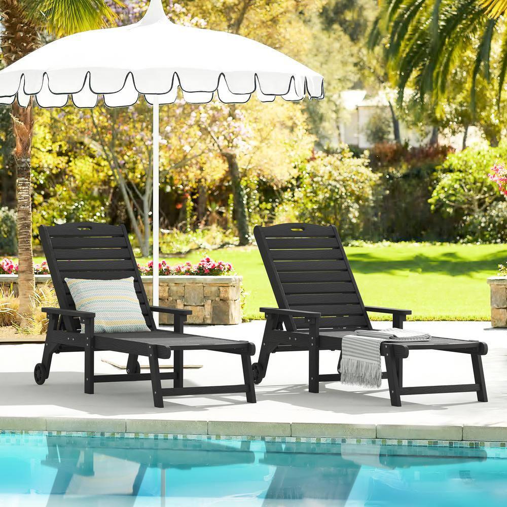 LUE BONA Outdoor Chaise Lounge Chairs Set of 4, 79'' Oversized HDPS Chaise Lounger, 5 Positions Adjustable Lounge Chairs, Pool Lounge Chair with Wheels for Poolside, 3 Year Warranty, Black