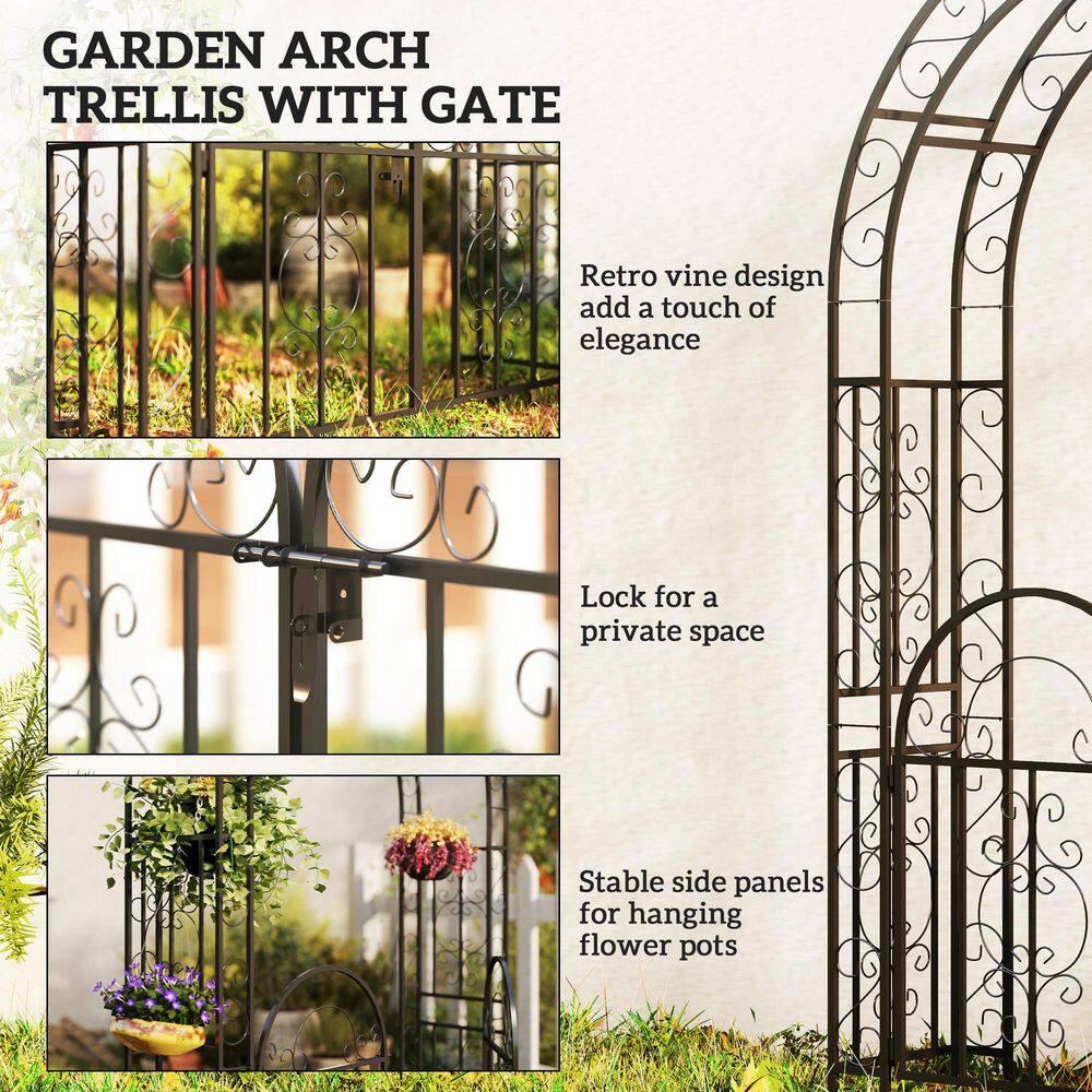Outsunny 7.4ft Steel Garden Arch with Gate, Garden Arbor Trellis, Black
