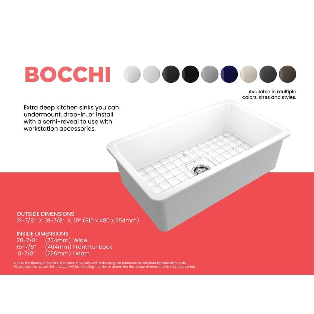BOCCHI Sotto Undermount Fireclay 32 in. Single Bowl Kitchen Sink with Protective Bottom Grid and Strainer in Matte White