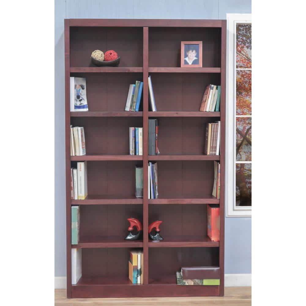 12 Shelf Double Wide Wood Bookcase, 84 inch Tall - Cherry Finish