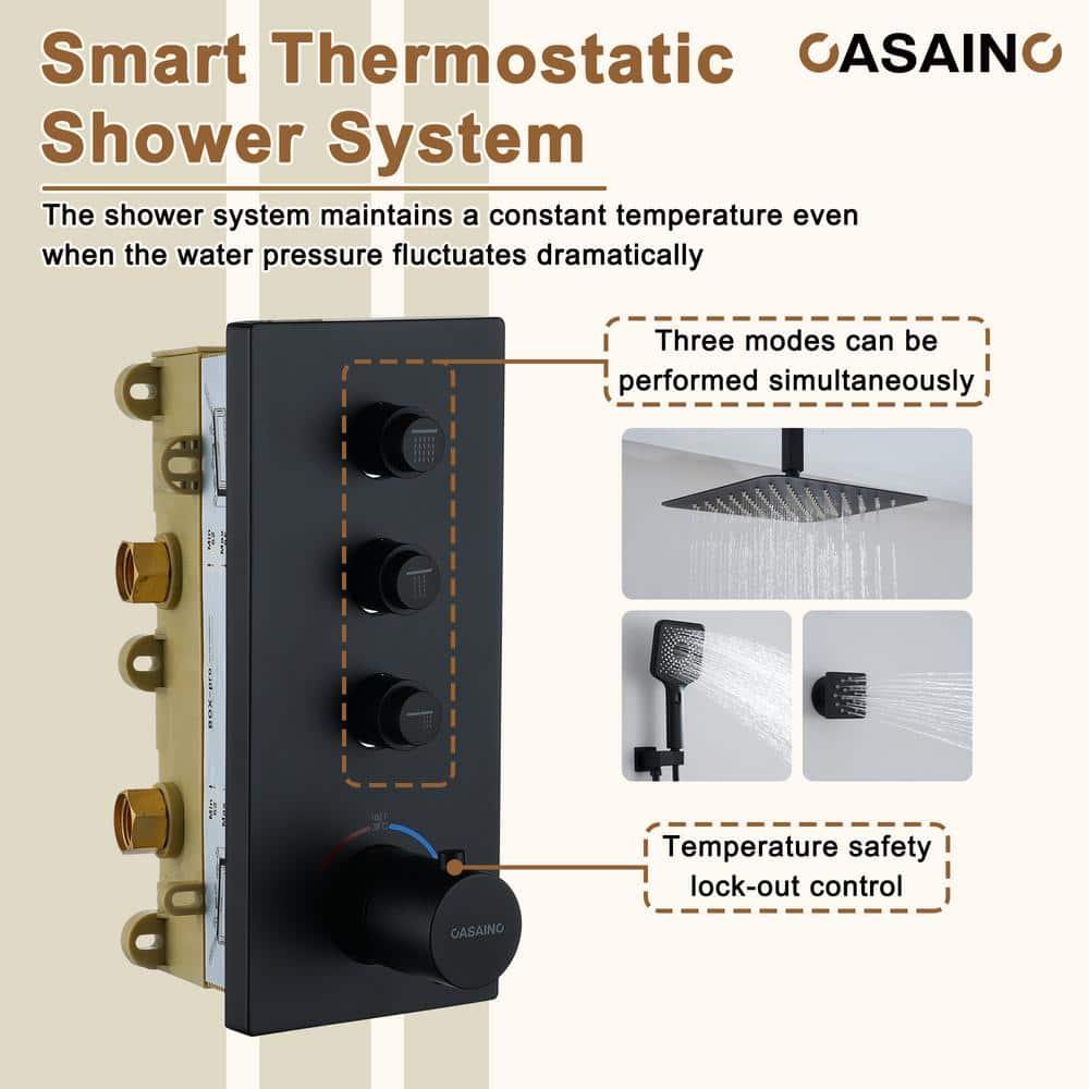 3 Functions 12 Inch Ceiling Mounted Thermostatic Shower System with 6 Body Jets