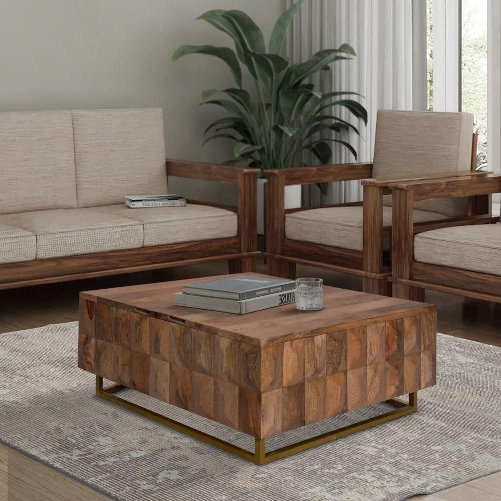 The Urban Port 33" Lift Top Storage Trunk Coffee Table Square Mango Wood Natural Brown