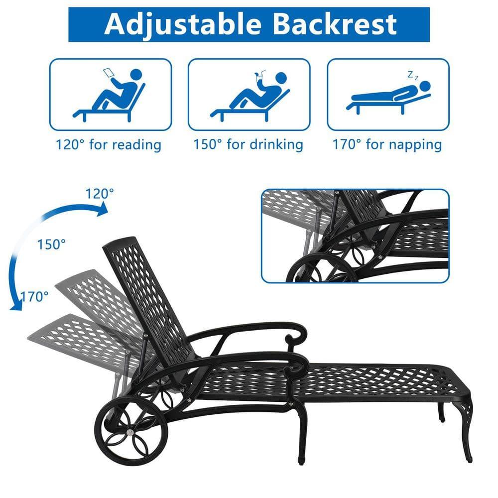 VINGLI Cast Aluminum Outdoor Chaise Lounge Chair with Wheels, Patio Chaise Lounge with 3-Position Adjustable Backrest, Outdoor Tanning Chair Patio Lounge Chair (Black, Without Cushion)