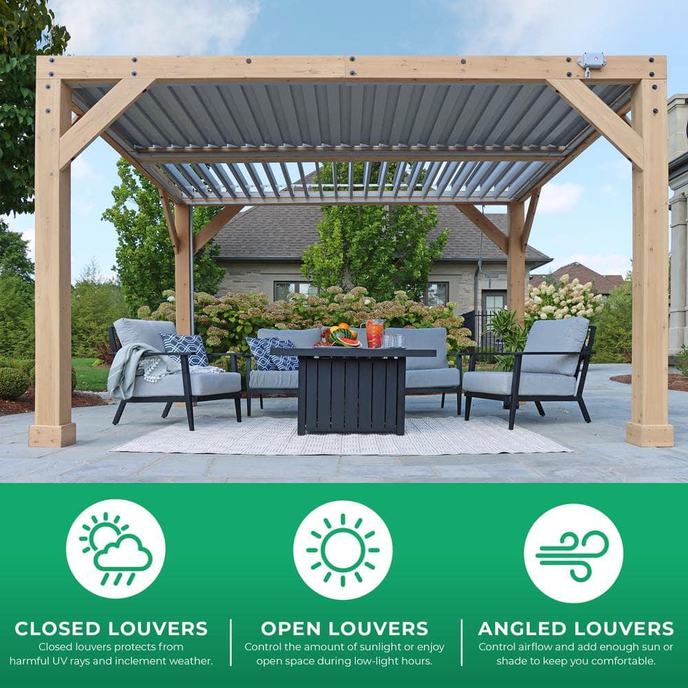 Yardistry 10' x 12' Meridian Louvered Pergola  Premium Cedar Wood Structure with Adjustable Aluminum Louvers and Built-In Gutter System for Outdoor Shade and Rain Protection