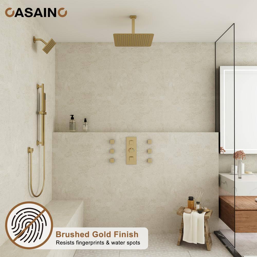 CASAINC Rainfall Symphony 16inch Dual Shower Head Rainfall Thermostatic Shower System with 16-inch Slide Bar and Body spray KCHS0019-16BG
