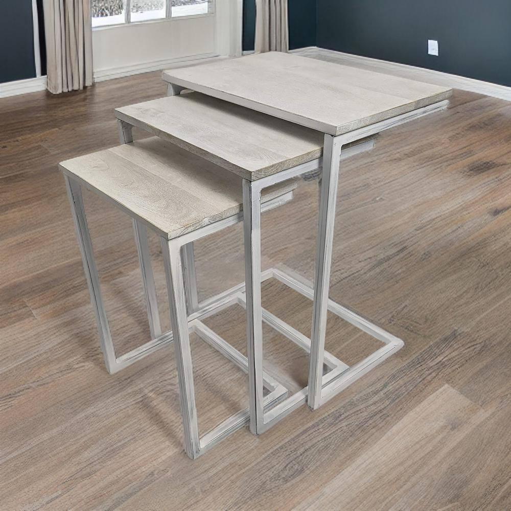 Carolina Living Addison Nesting Table Set Whitewash: Solid Mango Wood, Iron Frame, 3-Piece