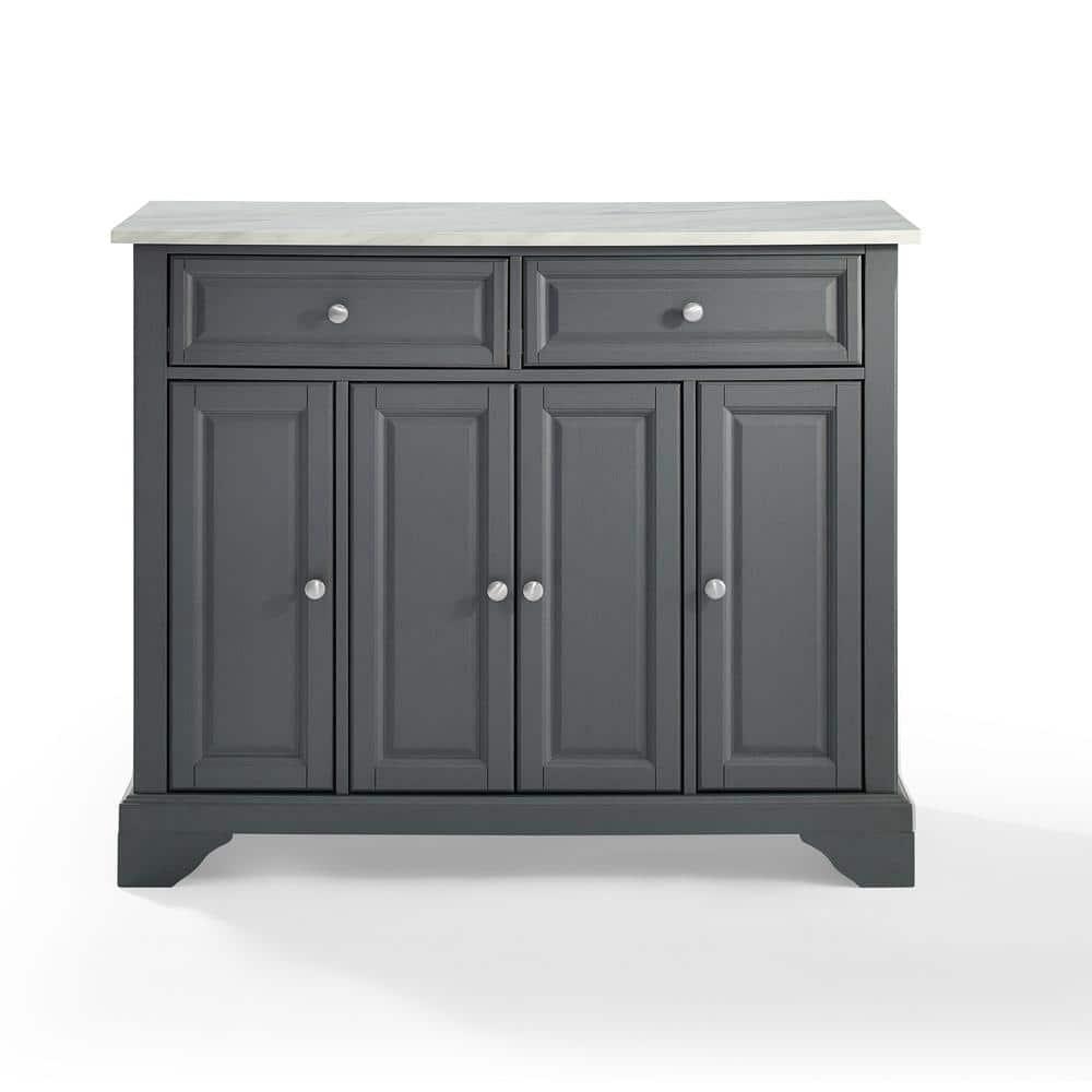 One Allium Way® Kitchen Island With Storage Shelves, Microwave Stand, Coffee Bar, Gray - Birch Veneer, Marble Finish, 2 Drawers & 3 Cabinets, Brushed Nickel Hardware