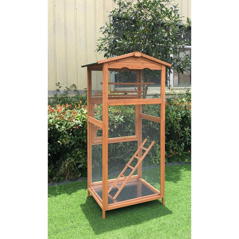 Hanover Outdoor Wooden Bird Cage with 3 Resting Bars, Ladder, Waterproof Roof and Removable Tray, 2.9 Ft. x 2.1 Ft. x 5.8 Ft.