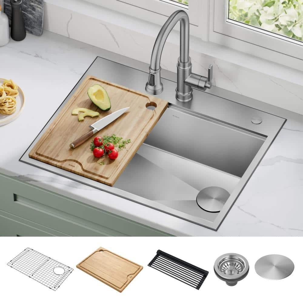 KRAUS Kore Drop-In Workstation 16 Gauge Stainless Steel Single Bowl Kitchen Sink with Accessories