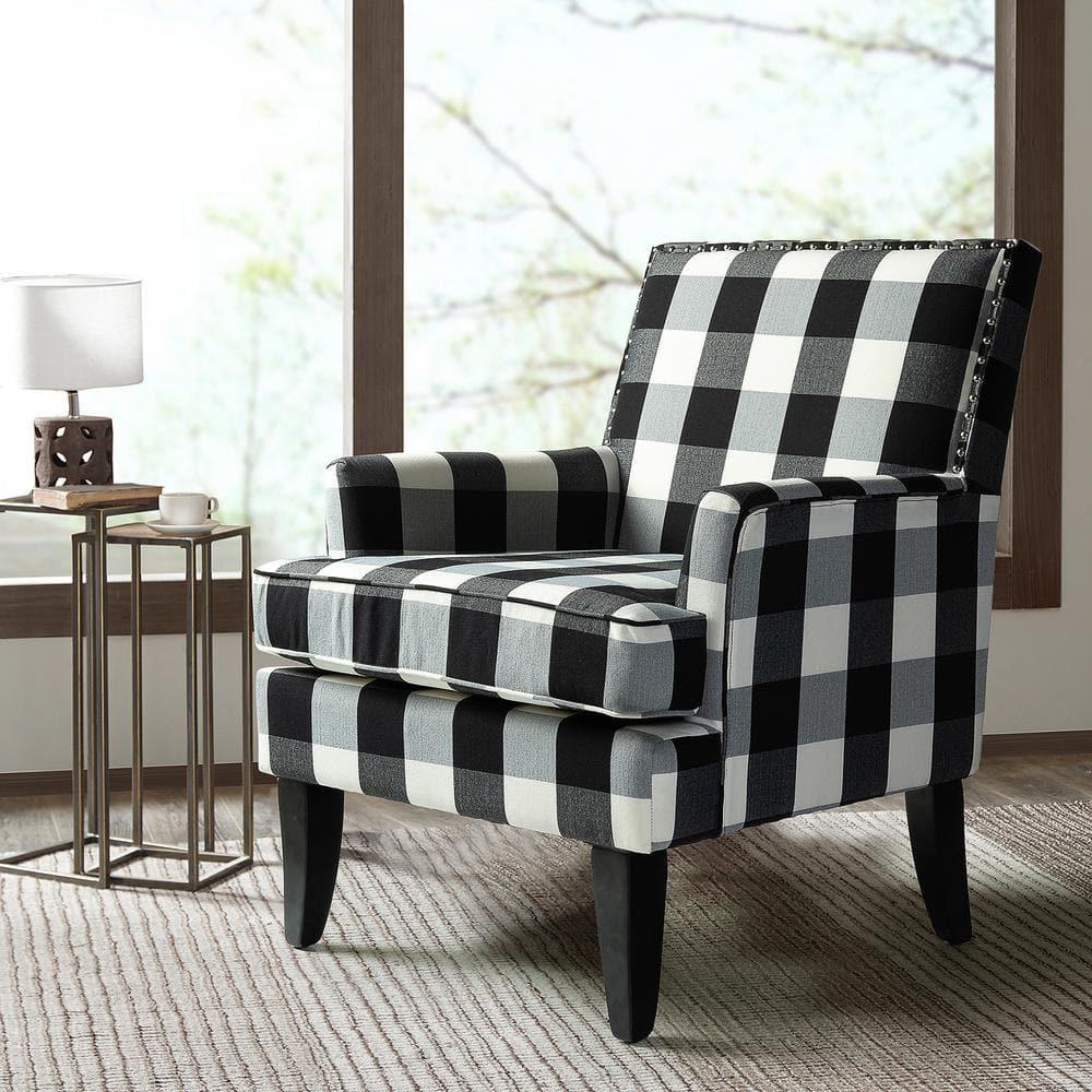Upholstery Armchair Accent Chair Sofa Couch Wood Legs Nailhead Trim Home Living Room Bedroom Plaid White Black
