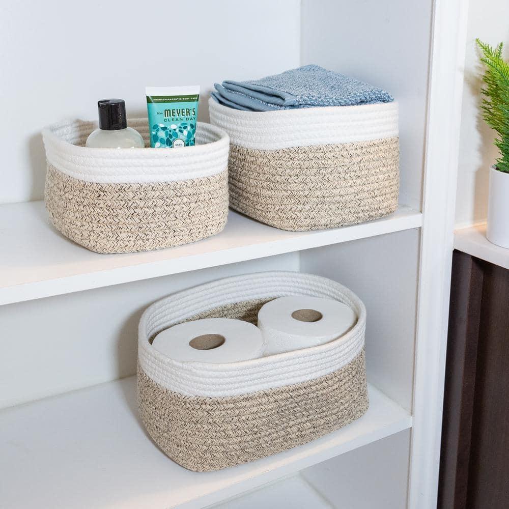 Home-Complete 3pc Storage Basket Set Natural: Cotton Square Decorative Bins for Shelves, Hand Wash, 12"x8.5"x5.5"