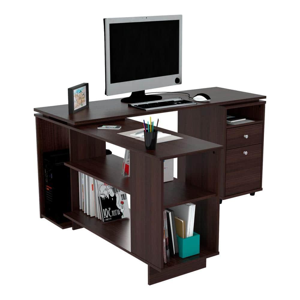 Inval L-Shaped Reversible Computer Desk, Espresso